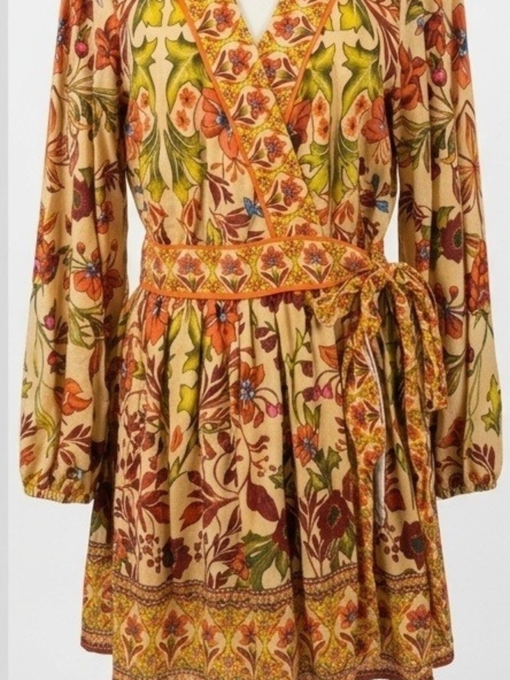 Boho Floral Wrap Mini Dress in Cream and Orange